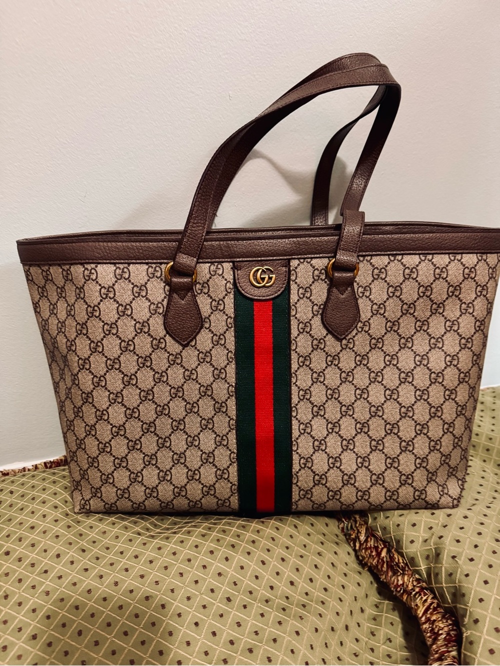 Gucci Brown GG Supreme Canvas Tote with Green and Red Web Stripe